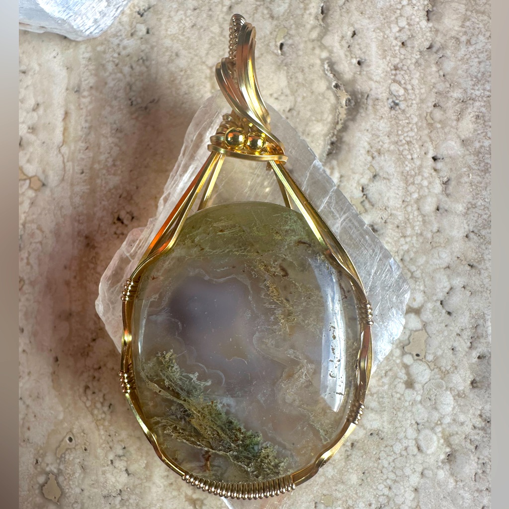 Tarnish Resistant Gold Grounding Copper Moss Agate Necklace Pendant